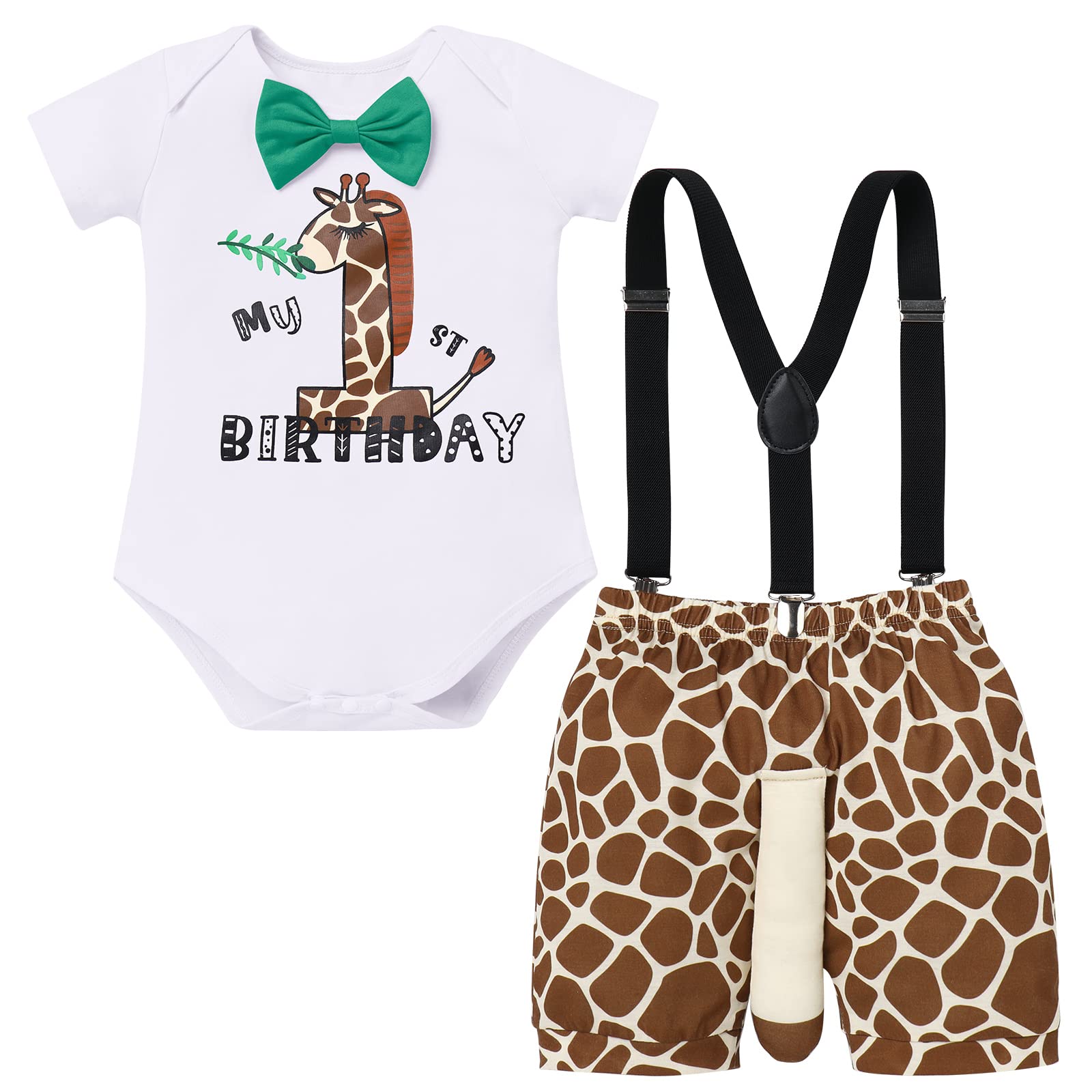 FYMNSI Bebé Niños Mi Primer Cumpleaños Trajes Safari Disfraz de Animale Selva Mameluco de Manga Corta Shorts Tirante con Cola Ropa de 1 Año Fiesta Fotografía Regalo Vestir