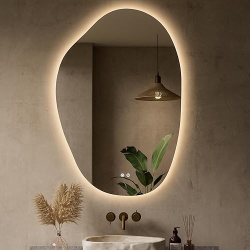 Miniatura 13 de Keonjinn Espejo retroiluminado irregular de 24 x 30 pulgadas, espejo de baño LED asimétrico con vidrio templado HD, controlador LED con