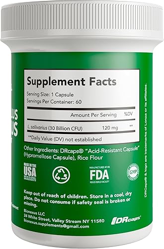 Miniatura 2 de Bionexus Lactobacillus Salivarius Suplemento dietético  60 unidades, 30 billones de UFC Probióticos Orales Apoyo, Bienestar Oral y Digestivo,