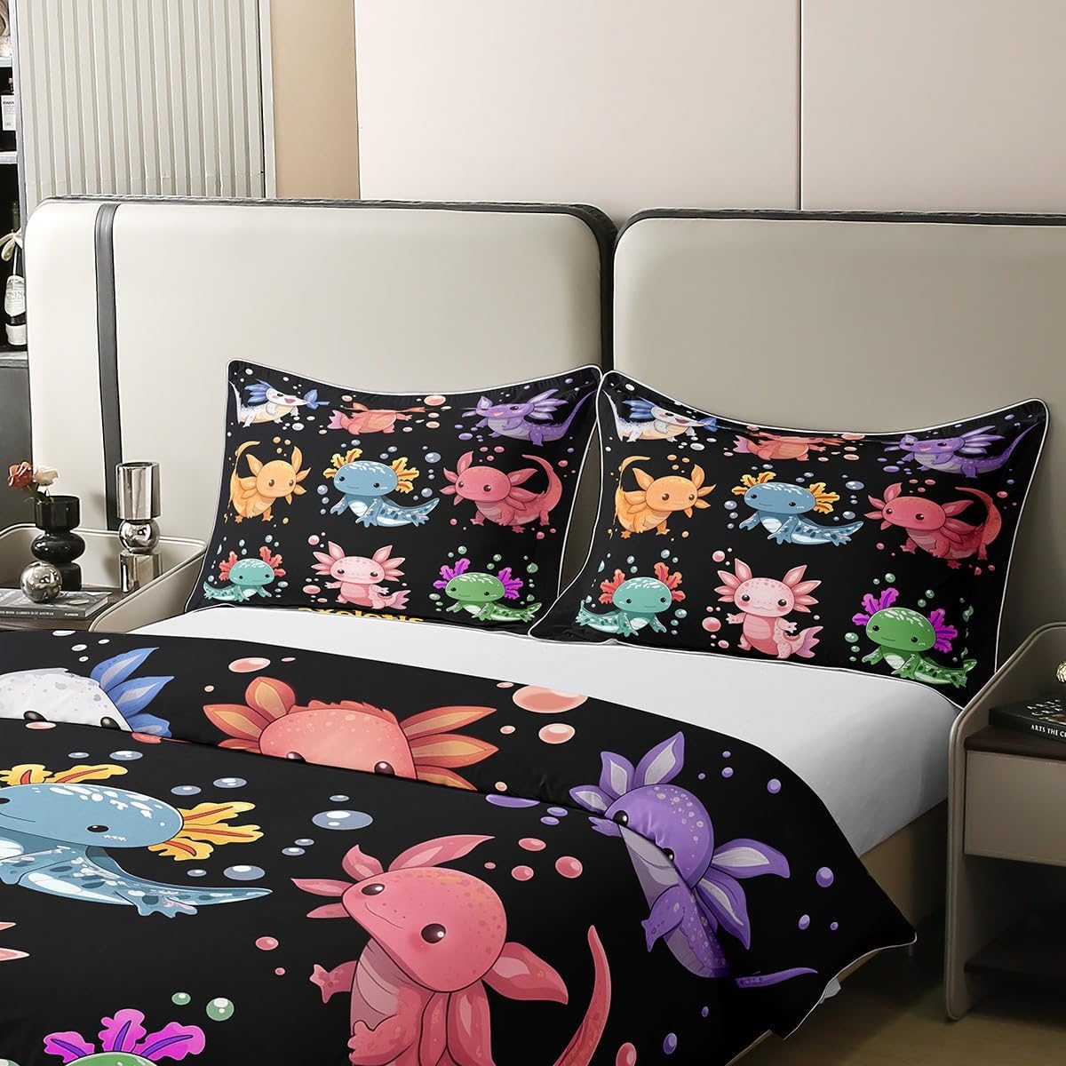 Erosebridal Cartoon Axolotls 100% Cotton Duvet Cover King for Boys Girls,Colorful Axolotls Bedding Set for Kids,Coastal Animal Bed Set,Cute Salamander Quilt Cover with 2 Pillowcases Soft