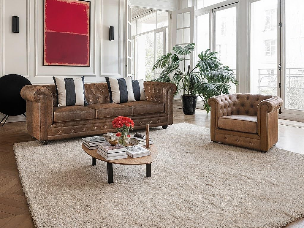 Vente-unique - Set divano e poltrona 4 posti Chesterfield - microfibra - marrone