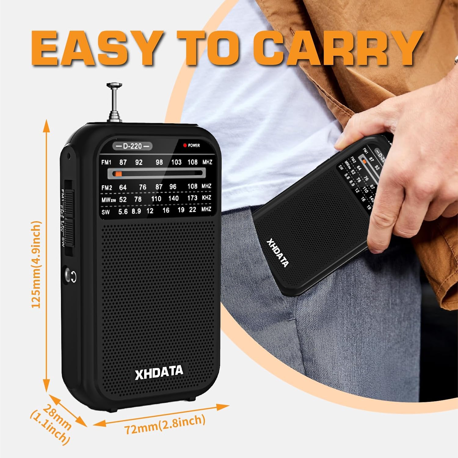 XHDATA D220 Portable Radio AM FM SW Shortwave Receiver Pocket Radios, 2 AA Battery Operated Transistor Radio with Excellent Reception for Gift, Family, Elder (Black) thumbnail