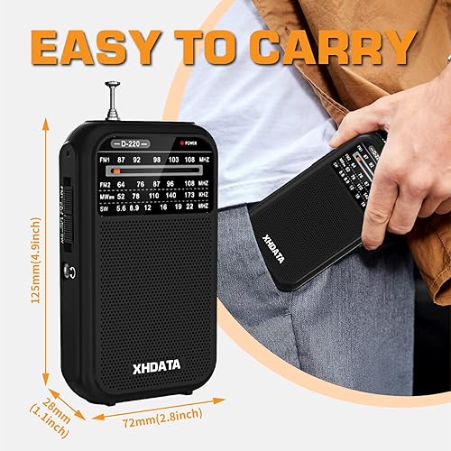 Miniatura 2 de XHDATA D220 Radio Portátil AM FM SW Receptor de Onda Corta Radios de Bolsillo, Radio Transistor Operada con 2 Pilas AA con Excelente Recepción