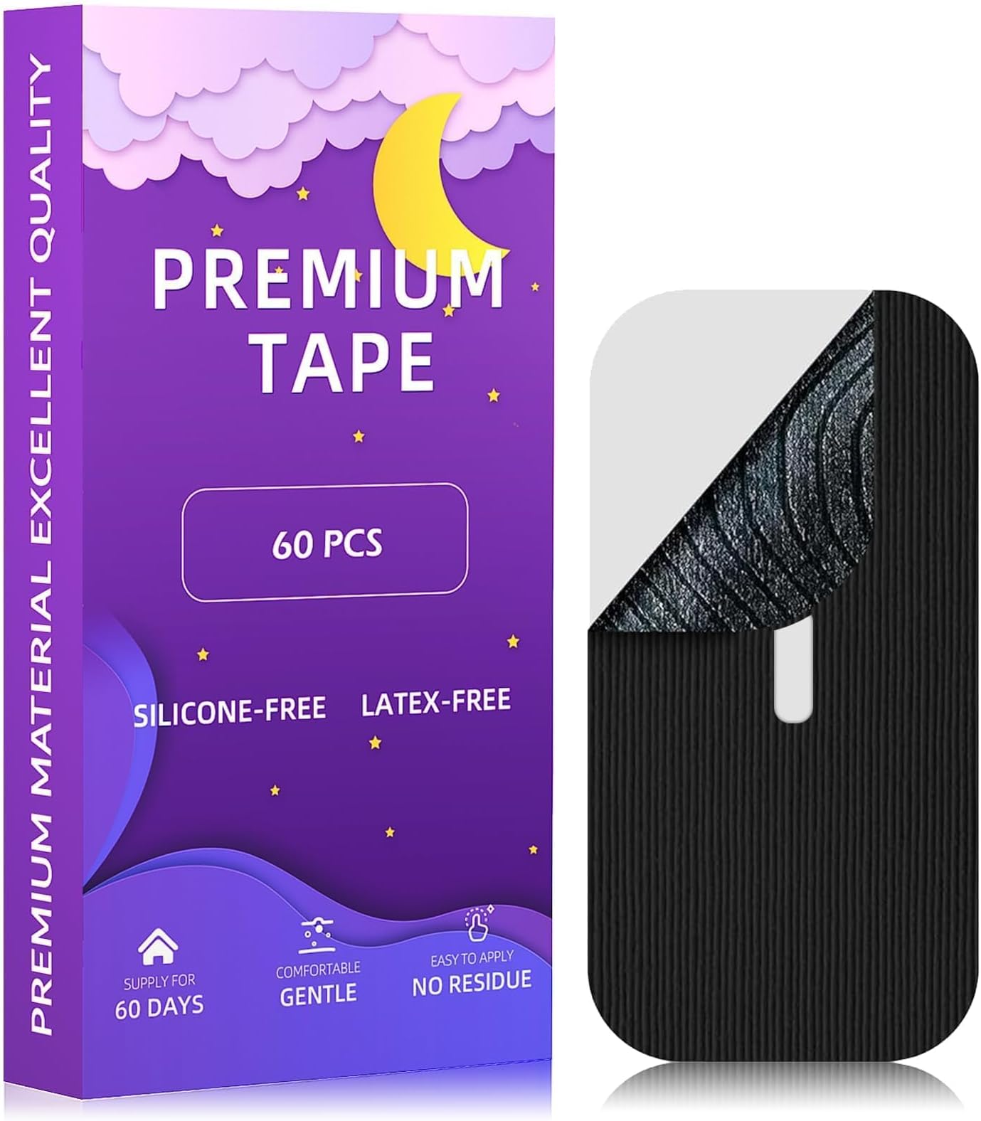 60 Pack Sleep Aid Comfort Patches, Better Than Bulky Mouth Guard, Stop Mouth Breathing at Night, Hypoallergenic & Breathable Adhesive Strips for Restful Sleeping (Black-With Hole)