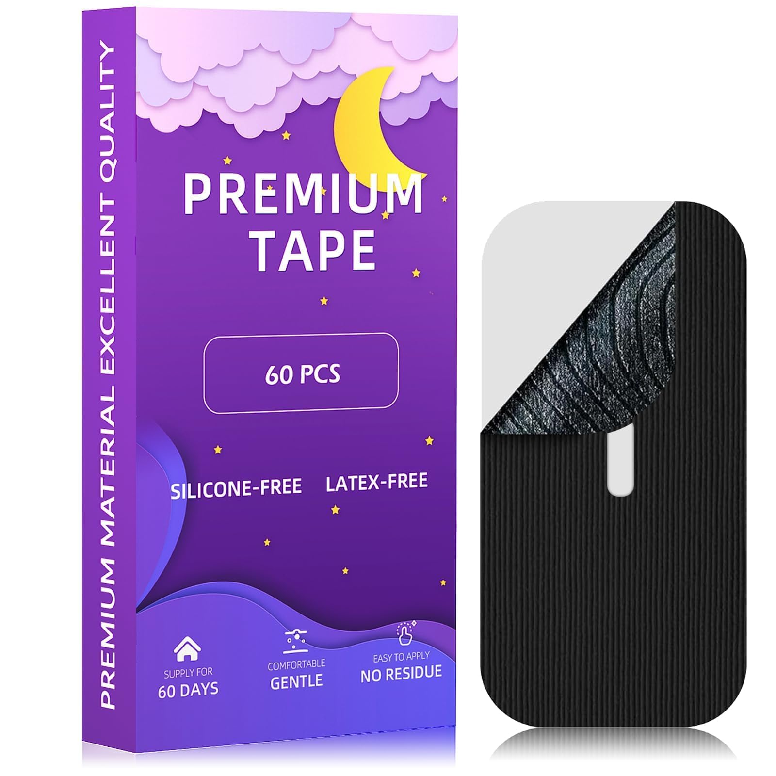 60 Pack Sleep Aid Comfort Patches, Better Than Bulky Mouth Guard, Stop Mouth Breathing at Night, Hypoallergenic & Breathable Adhesive Strips for Restful Sleeping (Black-With Hole)