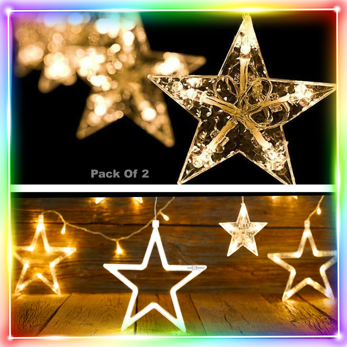 Pick Ur Needs 12 Stars LED Diwali Lights Curtain String Lights Window Curtain Led Lights for Decoration with 8 Flashing for Christmas, Wedding, Party, Home, Patio Lawn (Pack 2)