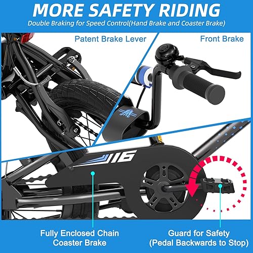 Miniatura 5 de Glaf Bicicleta estilo BMX para niños con ruedas de entrenamiento para edades de 2 a 8 años, bicicleta de doble frenos de equilibrio para pedalear,