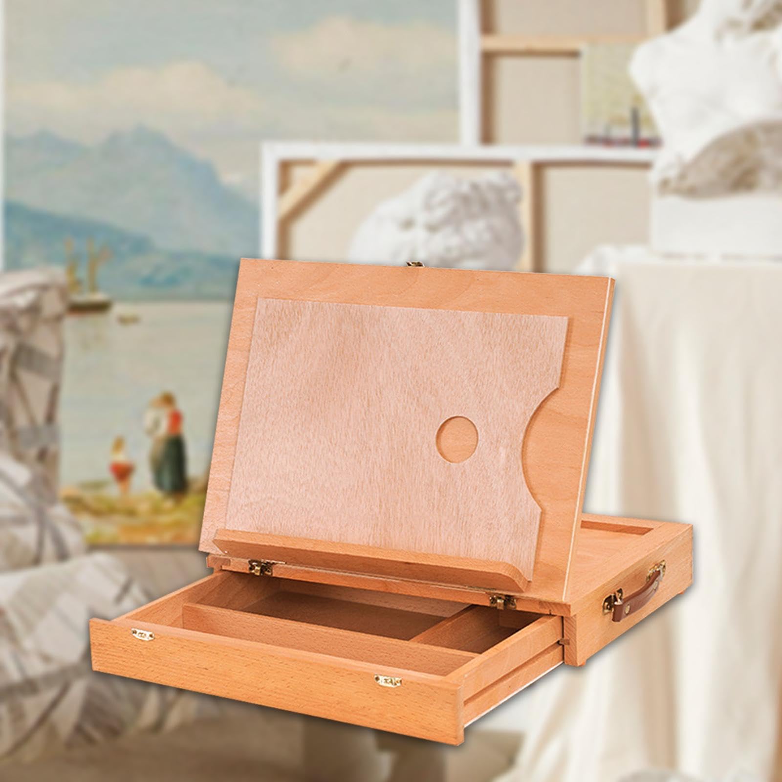 Chevalet de table en bois avec boîte et lisse, idéal pour la peinture, le dessin et le traçage, Beige, M.