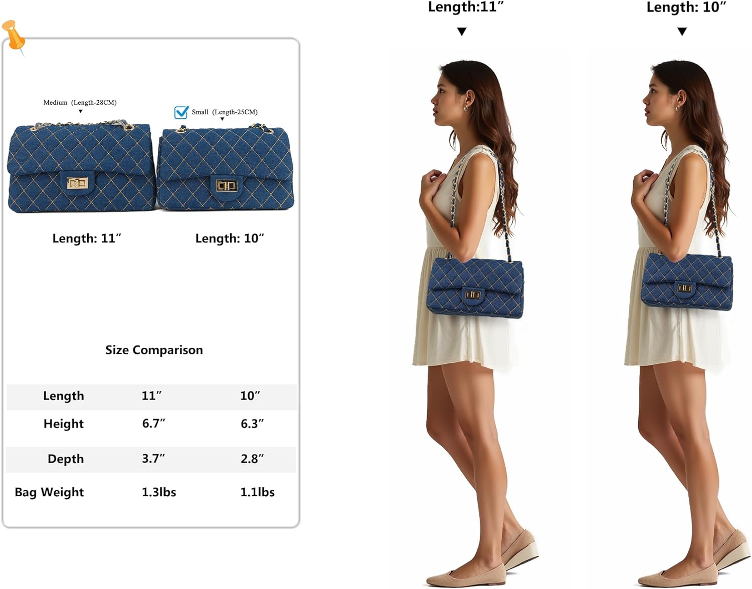 Quilted Denim Crossbody Bags for Women, Chain Strap Shoulder Bags, Medium Double Flap Purse, Gold Hardware Jean Purse - Image 6