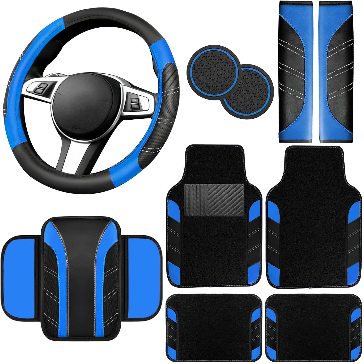 NBTEPEM 10 Pcs Car Floor Mats Full Set & Sport Leather Steering Wheel Cover 14.5-15 inch, Center Console Cover, Seat Belt Cushion, Cup Holder Coaster, Universal Automobile Interior Sets (Blue)