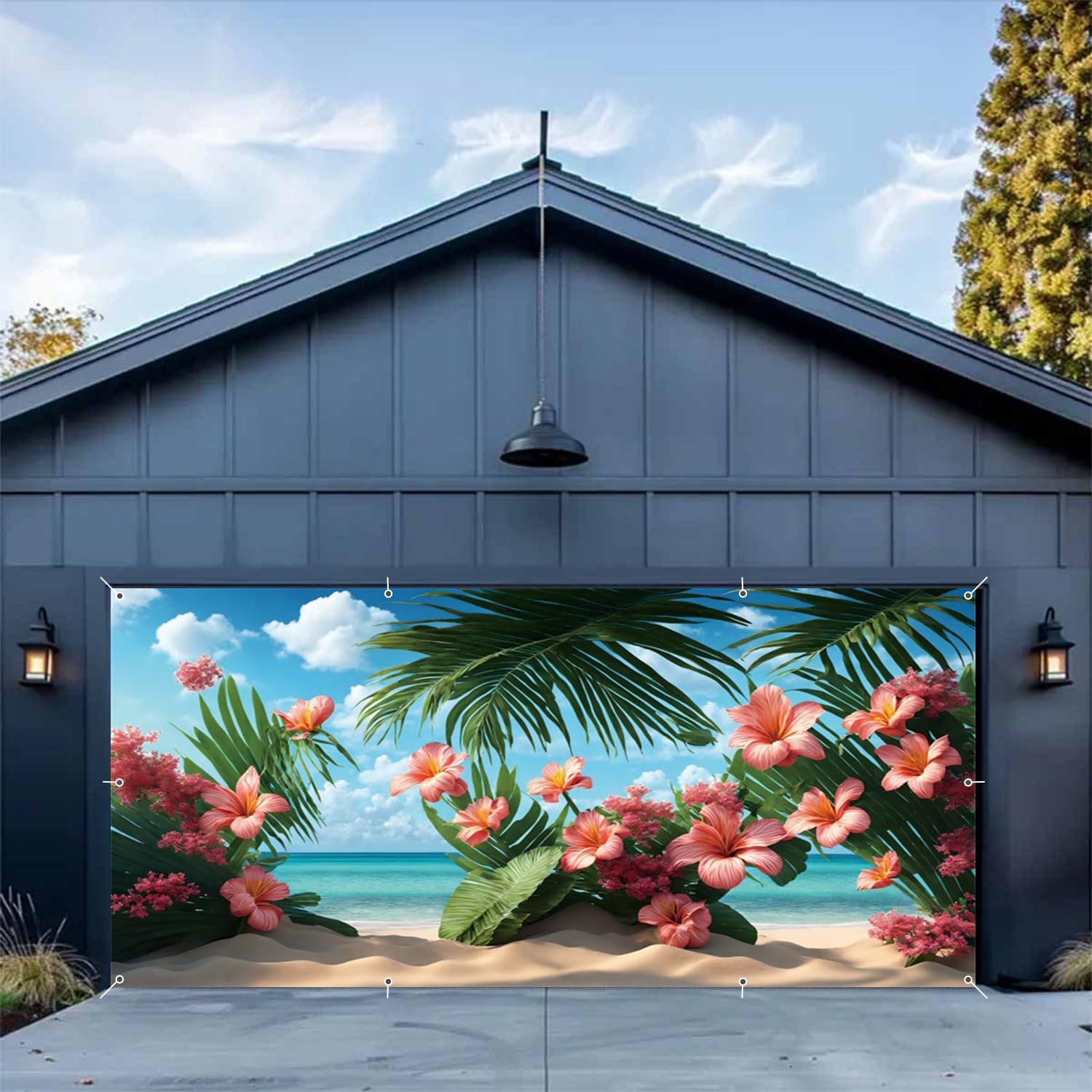 Beach Garage Door Cover 7x16ft Blooming Flowers Tropical Palm Leaves Summer Garage Door Decorations for 2 Car Floral Backdrop Large Hawaiian Garage Door Banner for Party Supplies