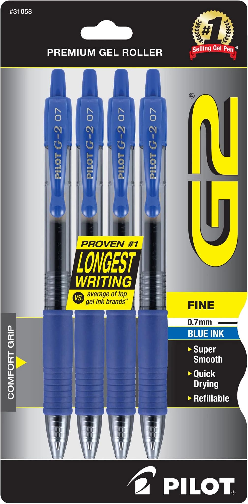 PILOT G2 Premium Gel Roller Pens, Blue Ink Pens Fine Point, Pack of 4