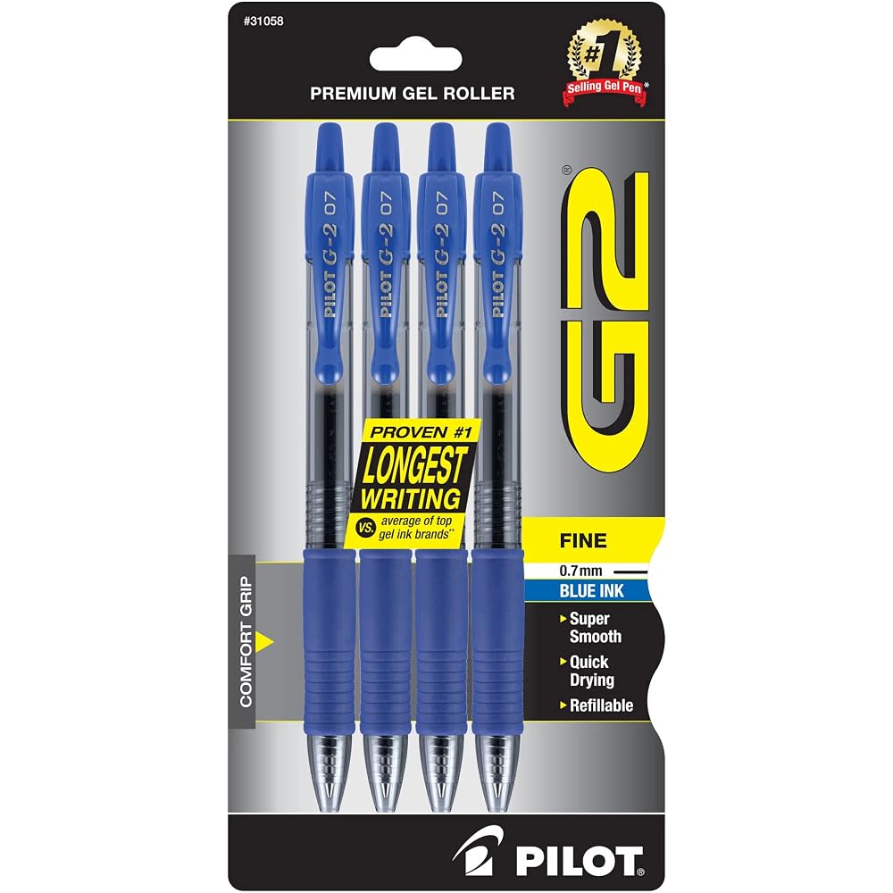 PILOT G2 Premium Gel Roller Pens, Blue Ink Pens Fine Point 0.7mm, Pack of 4