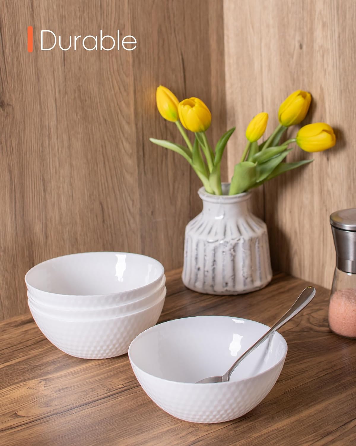 20 OZ Max White Opal Glass Cereal Bowl Set of 6, 6 inch Dishwasher & Microwave Safe Round Geometric Faceted Bowls for Kitchen, Salad, Soup and Rice - Image 5