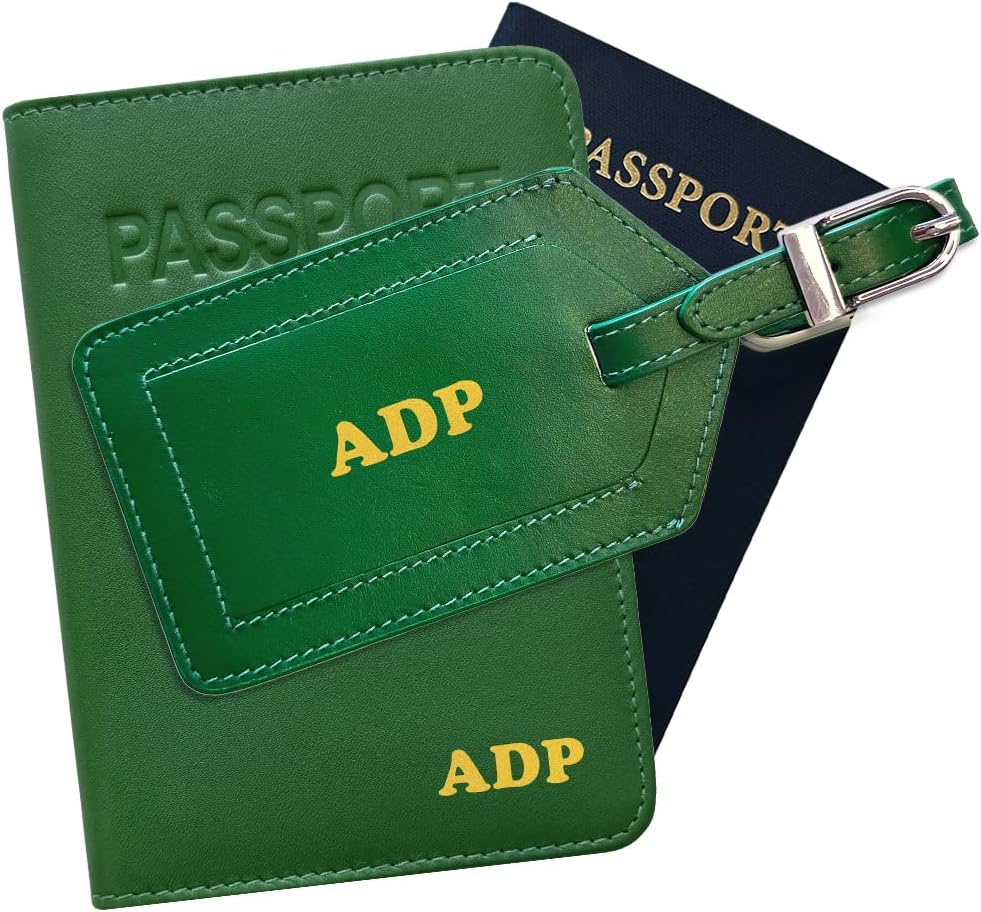 Personalized Monogrammed Emerald Green Leather RFID Passport Cover Holder and Luggage Tag