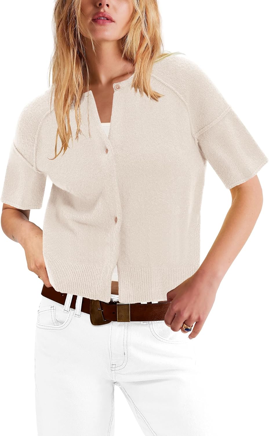 Nirovien Womens Casual Short Sleeve Cardigan Lightweight Button Down Knitted Sweater Crew Neck Cropped Tops