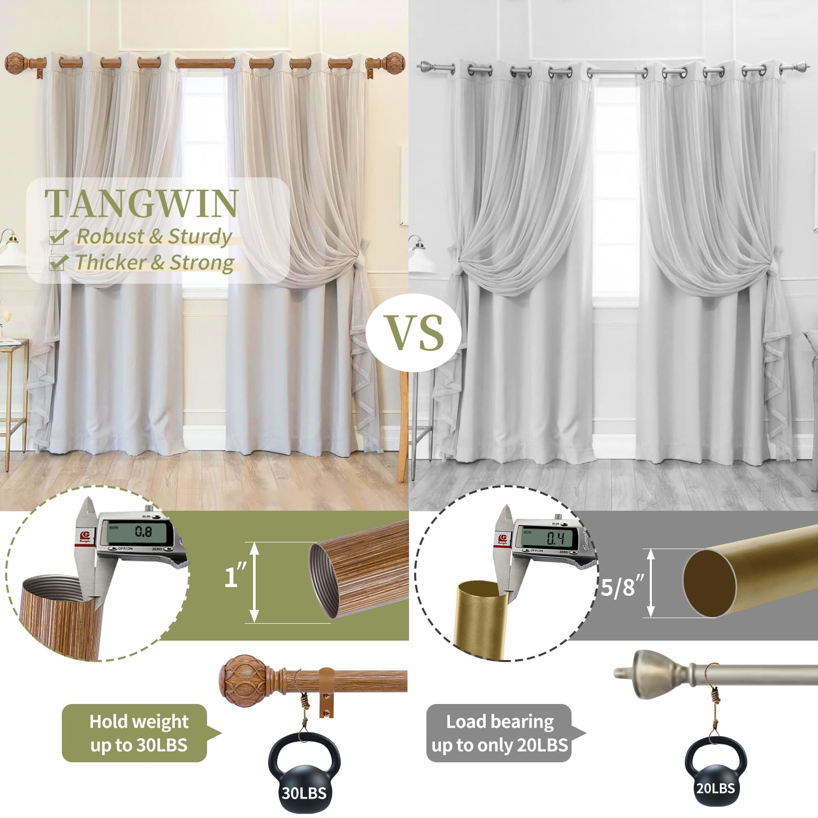 TANGWIN Adjustable Window Curtain Rods 28-48 Inch with 1 Inch Diameter Wood Effect Textured Net Finials Single Curtain Rods 18-45 Inch Brown Wood - Image 3