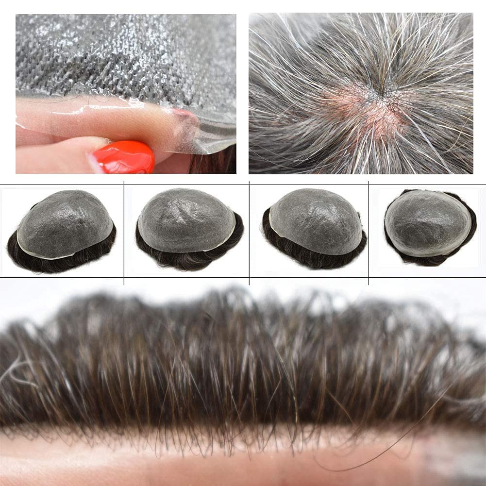 LHC HAIR PU Skin Toupee for Men European Human Hair Pieces 0.06mm Ultra Thin Skin All V-looped Men Hair System Gray Hairpieces Mens Toupee