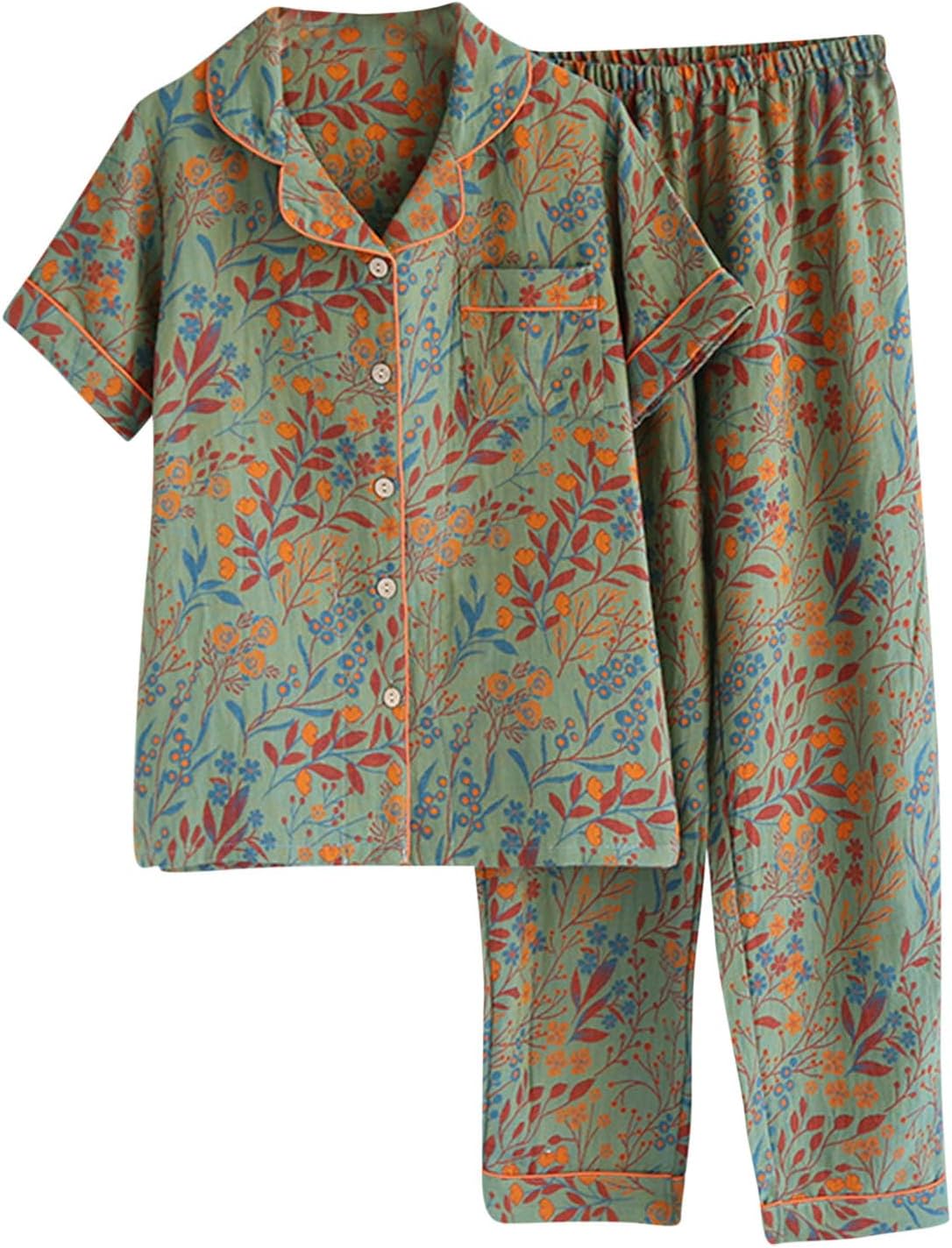 Pajama Sets for Women 2 Piece Short Sleeve Cotton Cute Boho Floral Printed Button Down Lounge Sleepwear with Pockets