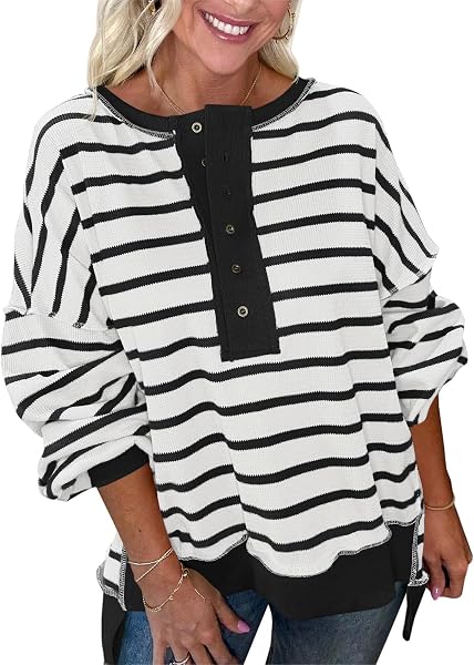 Sudaderas de gran tamaño a rayas para mujer, camisas Henley con bloques de color, estilo casual, de punto gofre - 1