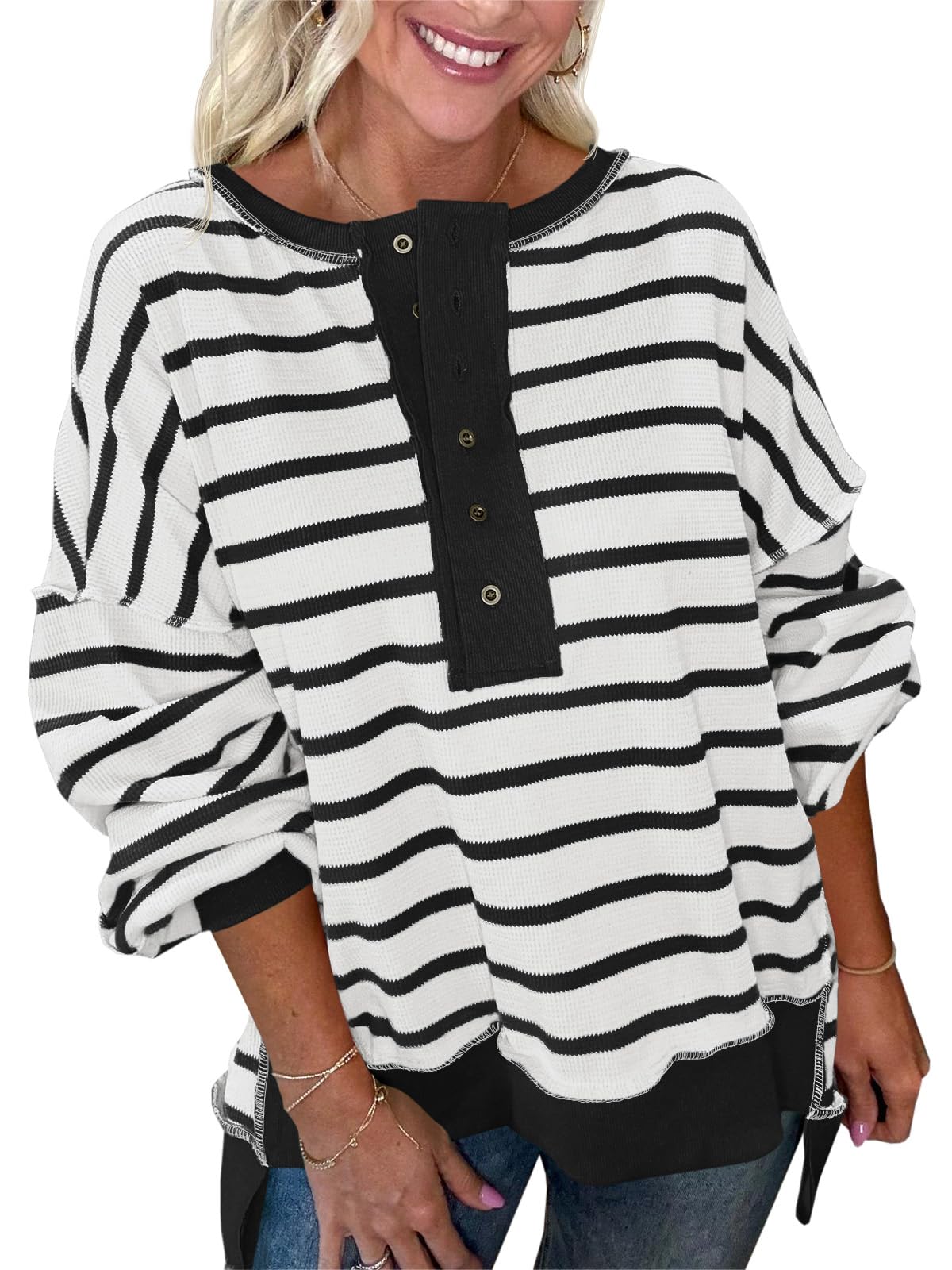 Sudaderas de gran tamaño a rayas para mujer, camisas Henley con bloques de color, estilo casual, de punto gofre
