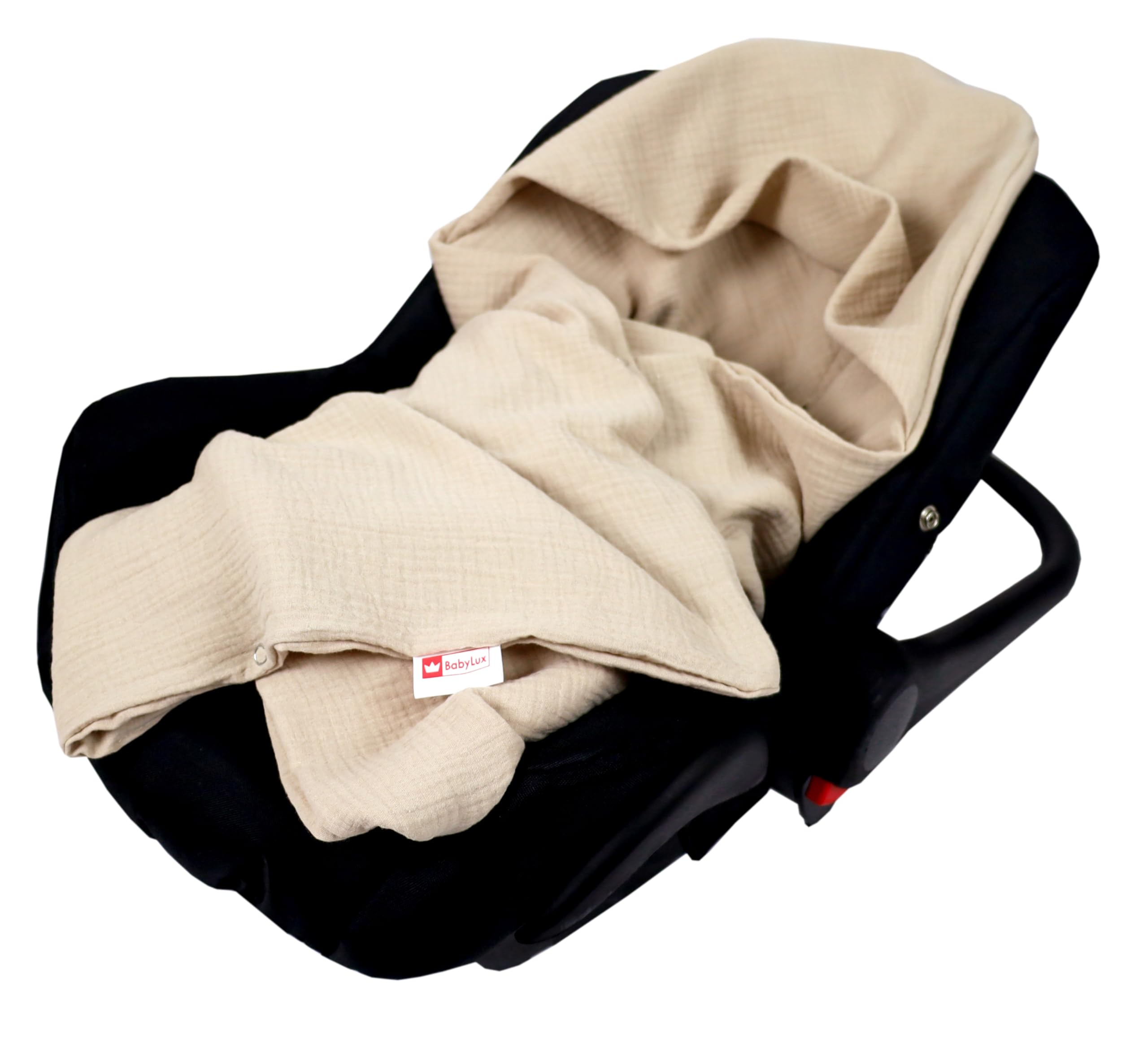 Babylux Musselin Einschlagdecke mit Kapuze – 90x90 cm – Sommer Babydecke für Autositz & Babyschale – 100% Baumwolle – Atmungsaktiv & Leicht (Beige)
