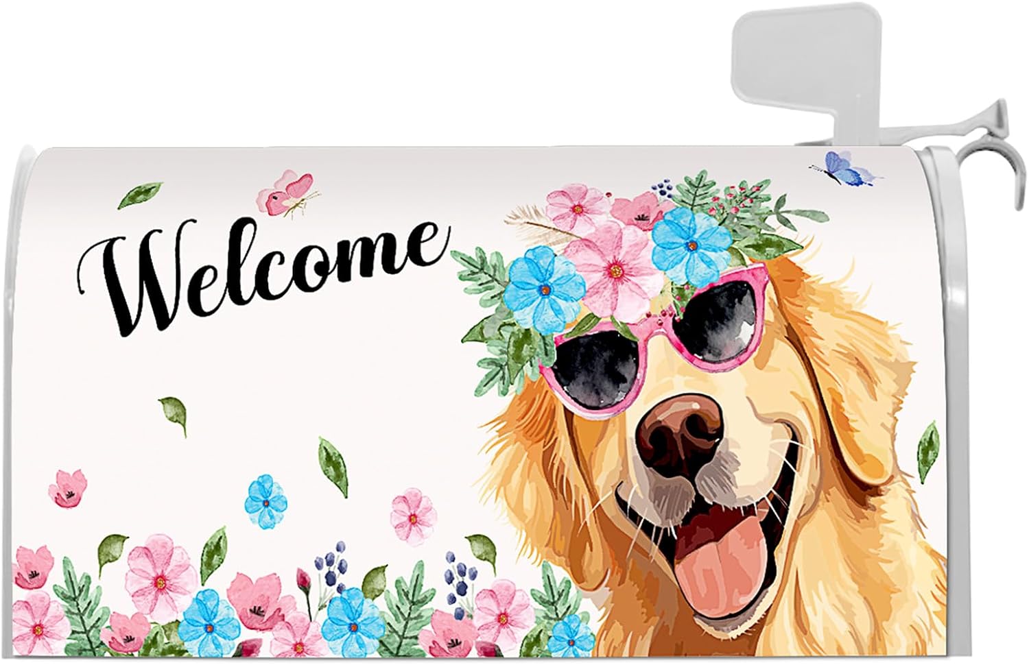 Spring Mailbox Cover 21x18Inch Wildflower Dog Mail Box Wrap Magnetic Floral Letter Post Cover Decorations for Garden Yard Outdoor Outside Spring Dogs Butterfly Floral Wraps Mailbox Decor