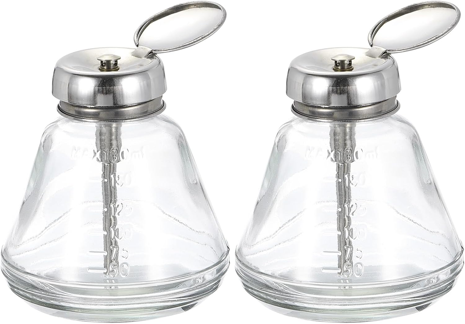 HARFINGTON 2 Pcs 6.1Oz / 180ML Glass Pumping Dispenser Bottle Square Liquid Pumping Press Push Down Alcohol Container with Metal Flip Cover for Makeup Remover Dispensing Alcohol