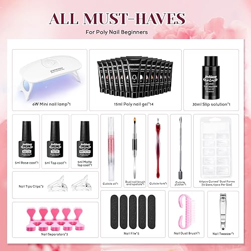 Miniatura 2 de JEWHITENY Kit de 14 piezas de gel de uñas de polietileno, kit de iniciación de gel de extensión con solución deslizante, juego de extensión