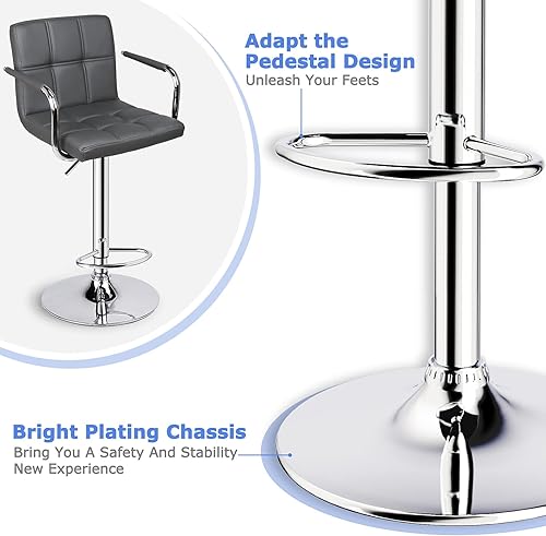 Miniatura 7 de Leopard Taburetes de bar ajustables con reposabrazos, respaldo cuadrado, doble costura giratoria con taburete trasero, juego de 2 (gris)
