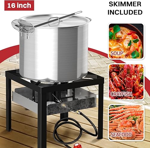 Miniatura 6 de 100QT Caldera de cangrejos  Kit de ebullición de mariscos  Cubierta a prueba de polvo y escumador de 16" incluido  Quemador de propano de 110,000BTU
