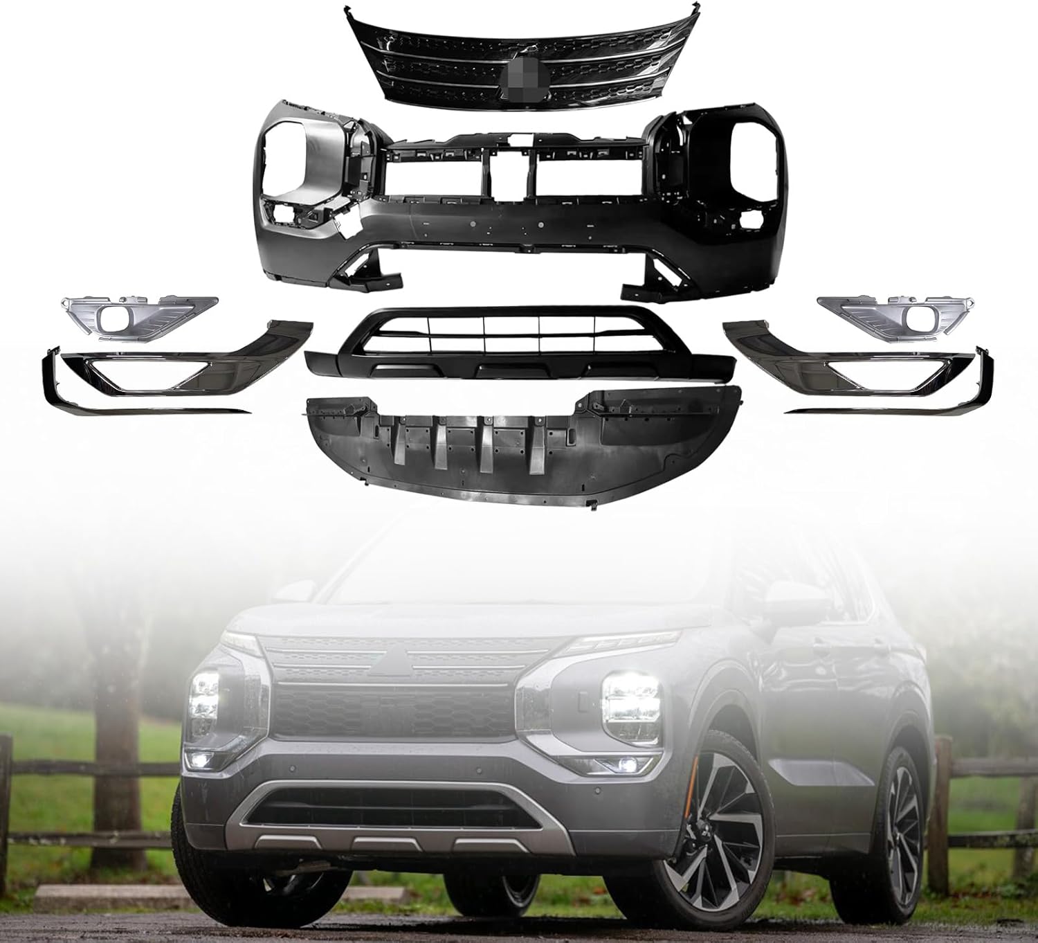 MGWILL Front Bumper Cover Kit Compatible with 2022 2023 2024 Mitsubishi Outlander W/Grille Upper Grill Lower Valance & Molding Stripe Trim - Full Body Set
