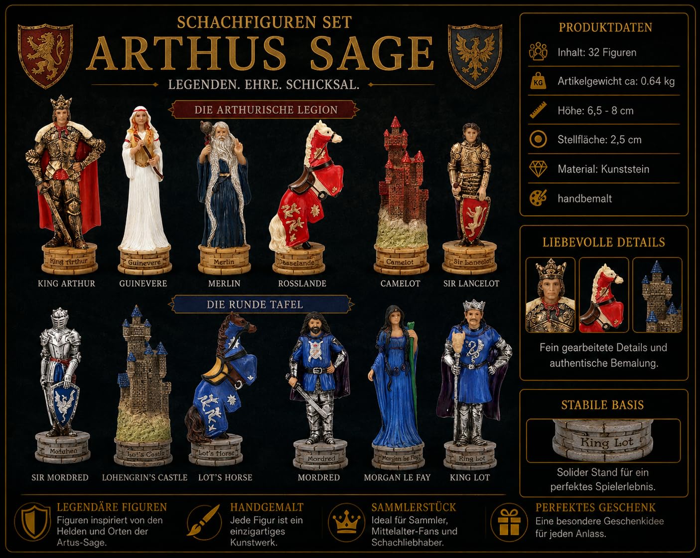 Veronese - Juego de 32 figuras de ajedrez (rey Arturo y Merlín