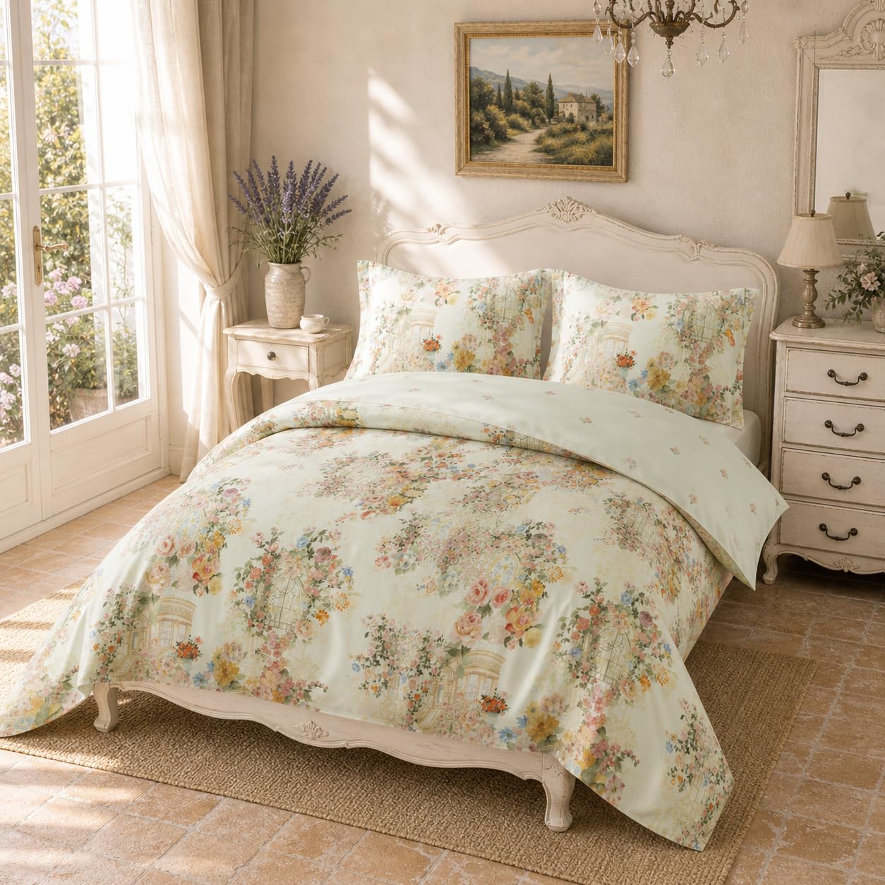 Fanny & Céline Housse de Couette 240x220 cm 100% Coton Percale 80 Fils Réversible | Parure de Lit Fleurie Vintage | 2 Taies d’Oreiller 65x65 cm avec Volant | Douce et Respirante FC-2517