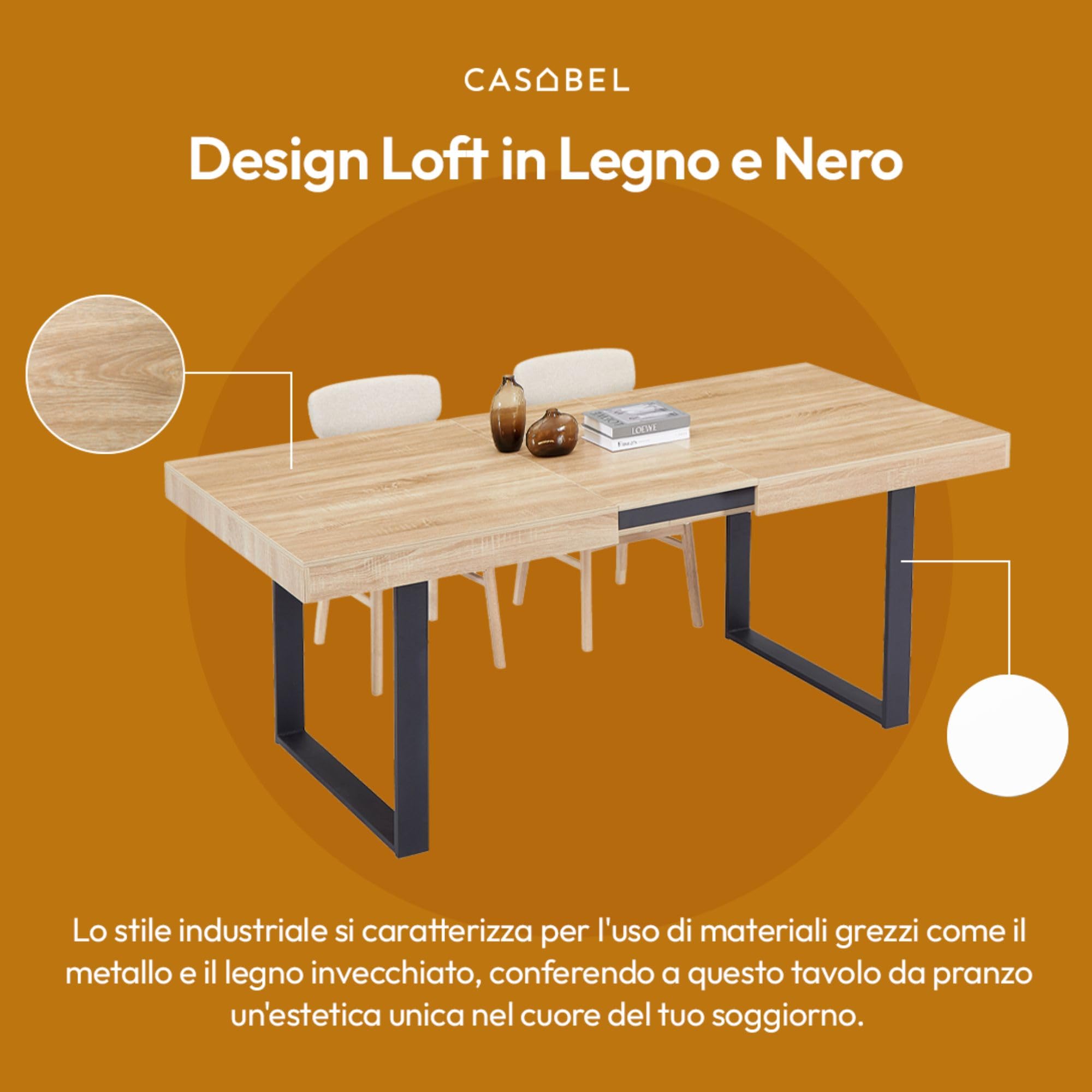 CASABEL tavolo da pranzo allungabile 160-200 cm, legno chiaro e nero