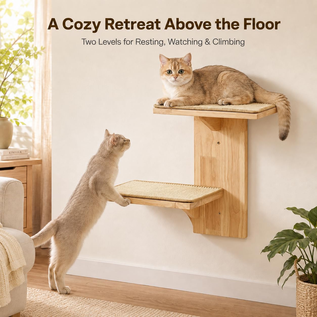 Mur d'escalade pour chat, mur d'escalade pour chat, arbre en caoutchouc massif avec tapis en sisal ergonomique, montage mural stable, arbre à chat étagère murale pour grimper et jouer