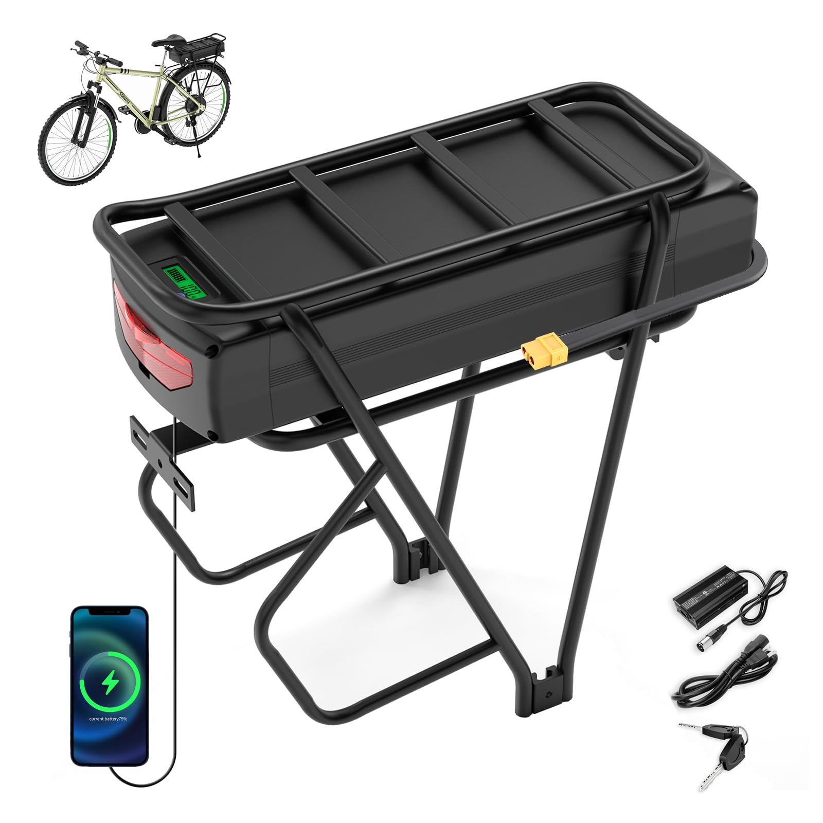 52V 30Ah Batterie Velo Electrique pour Porte-Bagages arrière avec BMS 50A, Chargeur Rapide 4A, Batterie 52V Lithium ION pour vélo électrique pour Roue de Conversion Bafang 0-1800W et Autres Moteurs