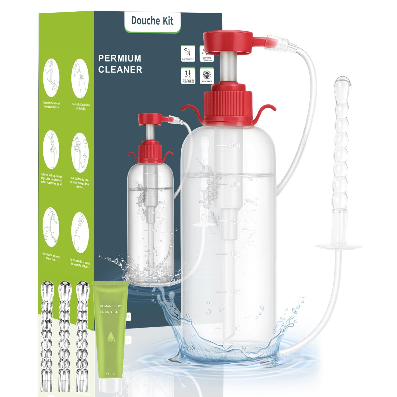 Enema Kit Douche for Women - Enema Bottle Douches for Men Anti Back-Flow with 3 Nozzle Tips - 600ml