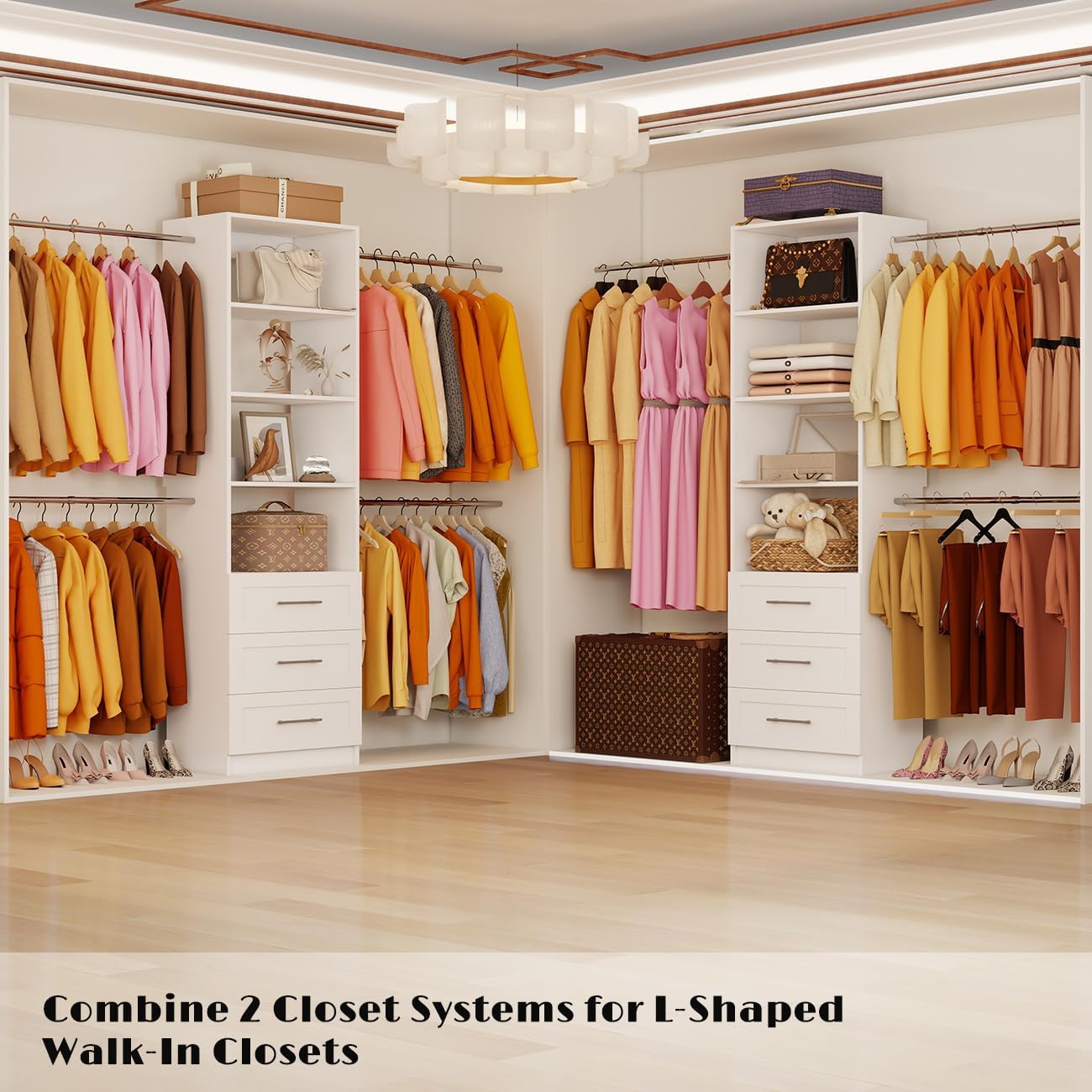 Closet System with 6 Drawers, 5-15FT Custom Closet Organizer System 182.6" Walk in Wooded Closet Storage System with 8 Hanging Rods Modular Shelves Wall Mount, 2 Sets White