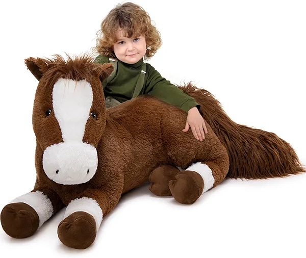 Tezituor 47 Inch Giant Realistic Horse Stuffed Animal, Hugging Soft 4ft Stuffed Pony Plush Pillow, Large Stuffed Horse Plush Farm Toy for Boys Girls, Chocolate