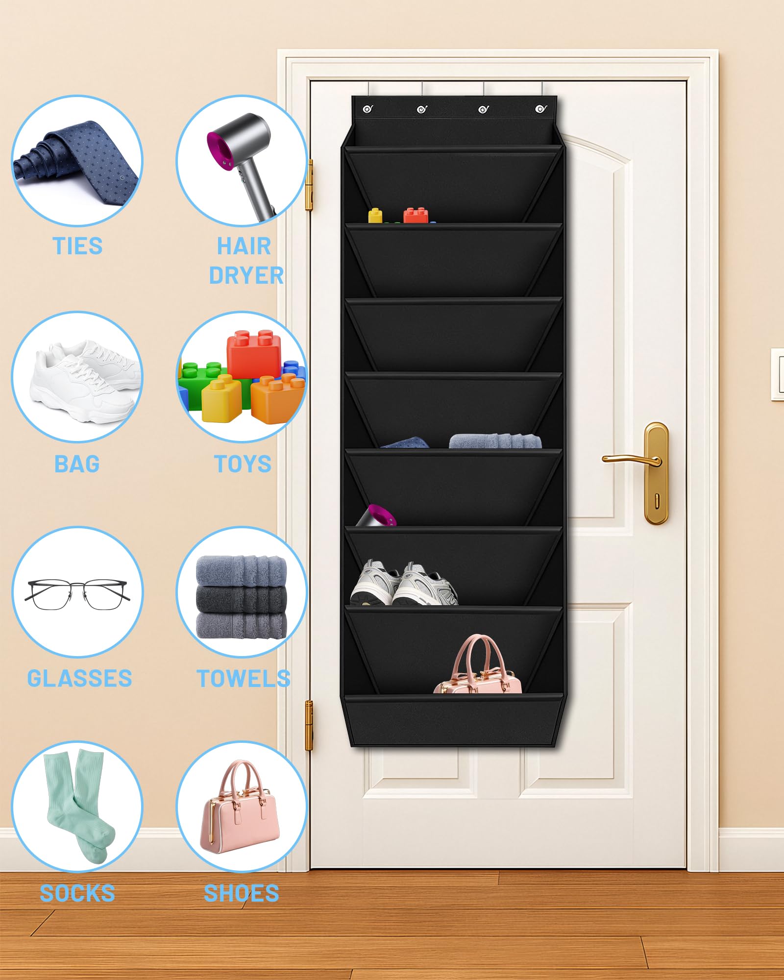 Scarpiera da Appendere Alla Porta - Organizer per Scarpe Appeso con 8 Grandi Tasche - Scarpiera Appesa Adatto a 16-24 Paia di Scarpe (Nero)