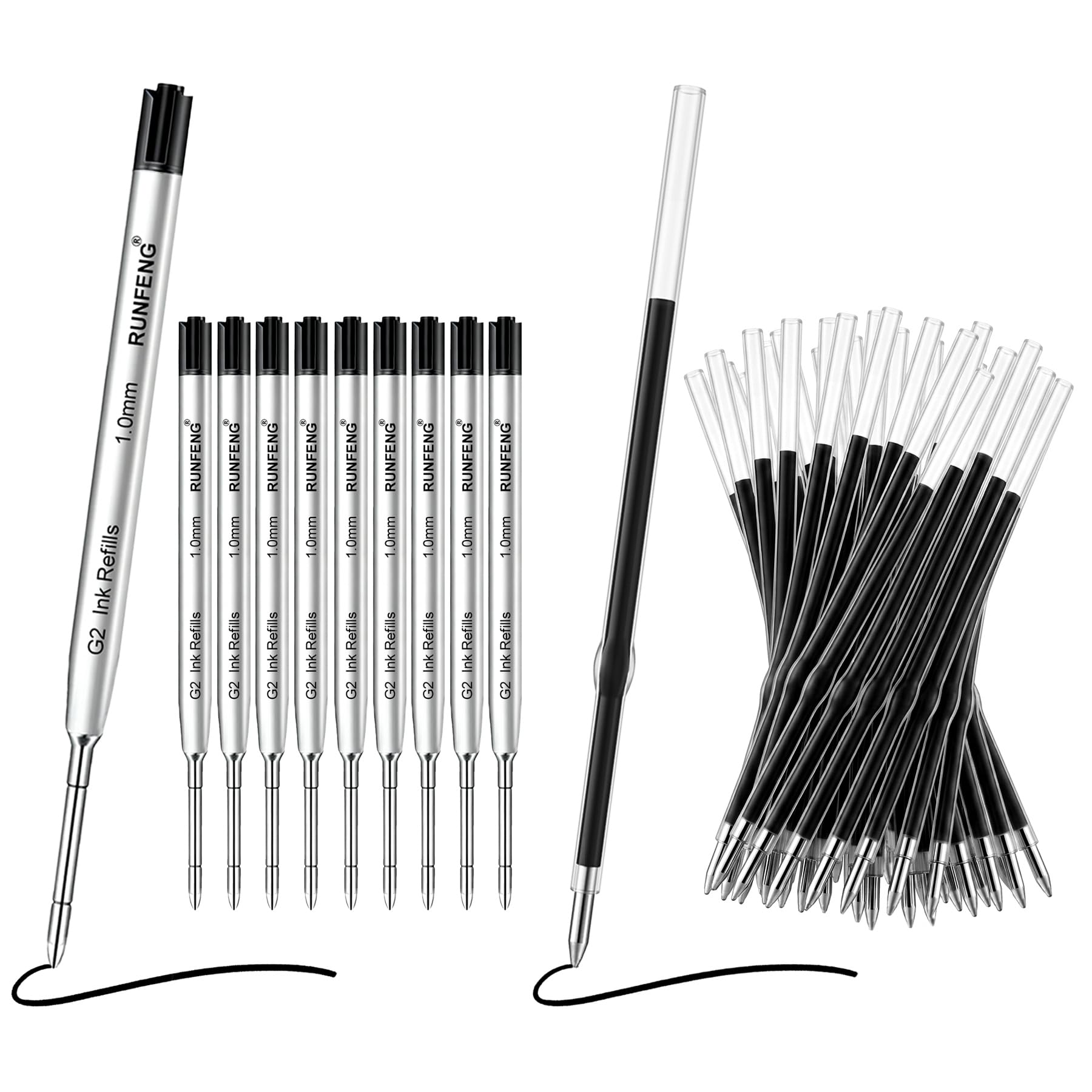 40-Piece Large Capacity Refill Set, 98 mm Length 1.0 mm Line Width, 10 G2 Format Metal Refills and 30 Plastic Ballpoint Pen Refills, Ballpoint Pen Refills for Home, Office, Black