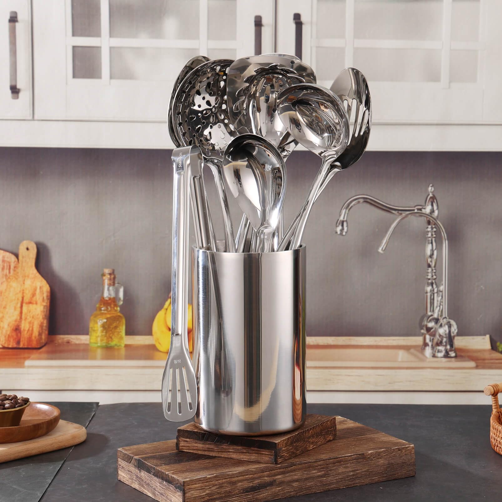 Double Wall Stainless Steel Utensil Holder - 304 Steel Kitchen Countertop Organizer, Mirror Polish