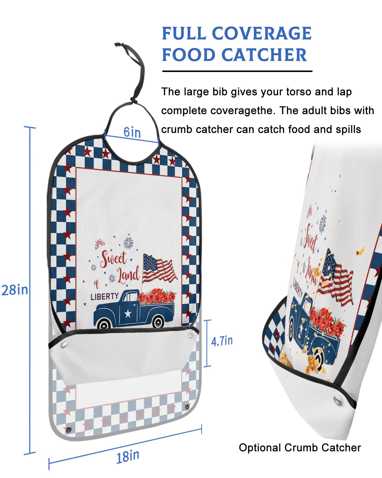 4th of July Adult Bibs for Eating, Waterproof Bibs with Food Catcher & Adjustable Snap Closure, Independence Day Truck Blue Plaid Star Washable Clothing Protectors Adult Bibs for Elderly Women/Men
