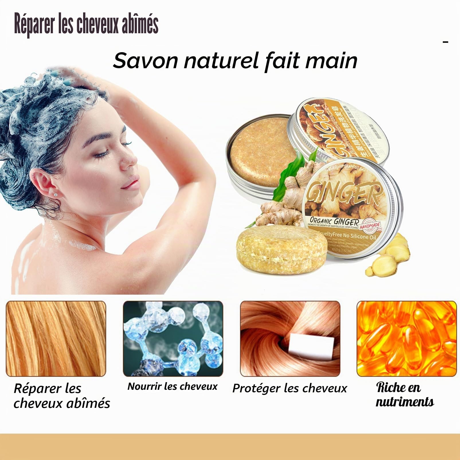 Barre de shampooing au gingembre, anti-chute de cheveux, savon à base de plantes, gingembre naturel bio