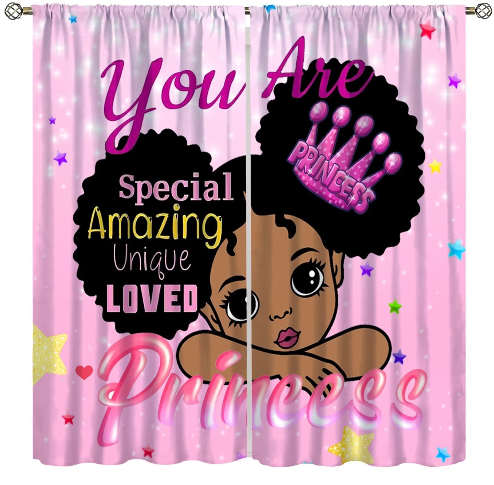 XBDDZSW African American Kids Curtains,Afro Black Girl Window Treatments for Kids Girls Bedroom,Cute Girl Big Hair Pink Curtains 2 Panel Sets,42x45