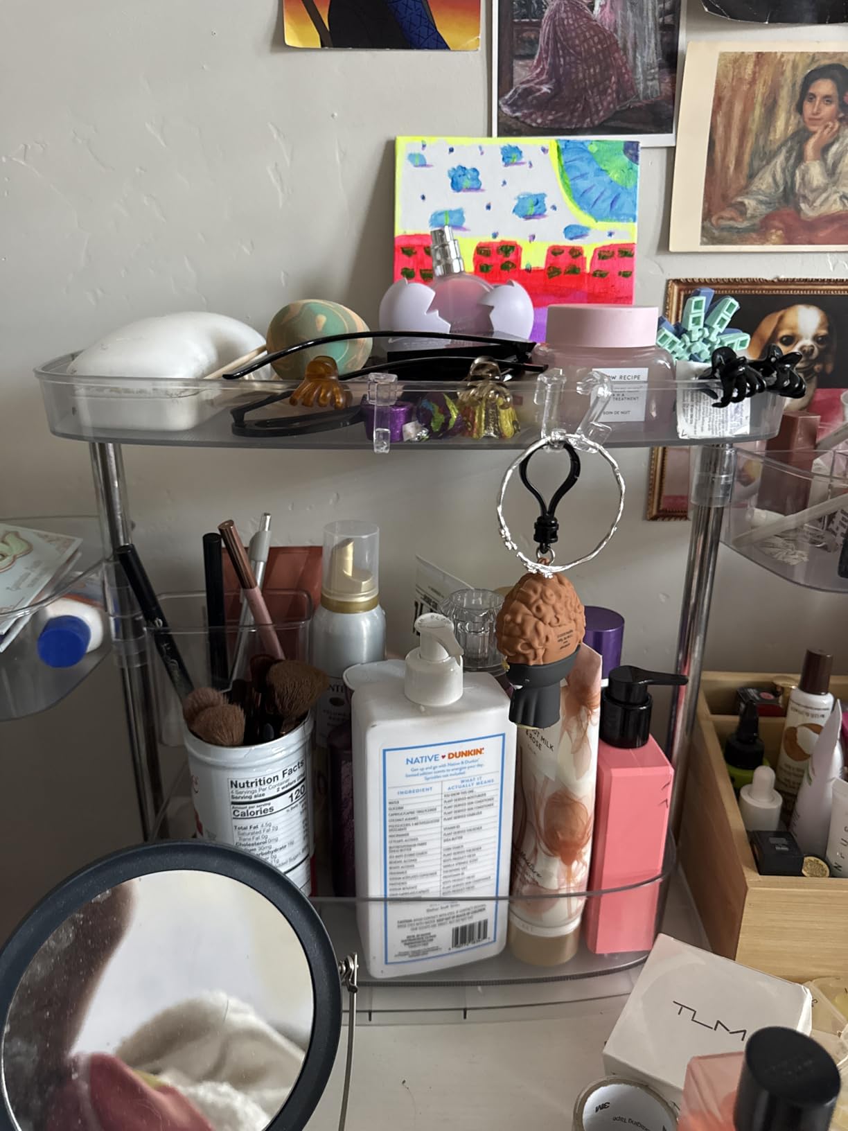YOSHIONAL Rotating Makeup Vanity Organizer, Bathroom Countertop Cosmetic Skin Care Storage,Cosmetic Display Case with Brush Holder,for Skincare Perfume Cosmetics,Detachable Hanging Trays & Hooks
