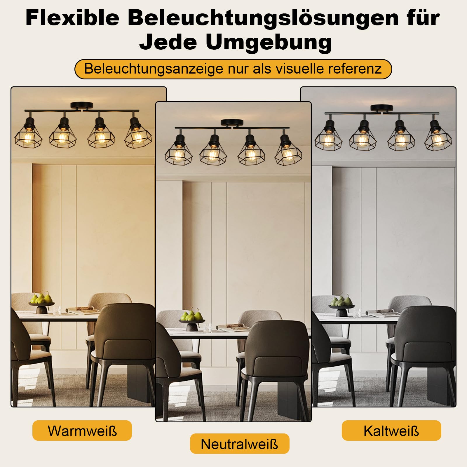 Deckenstrahler 4 Flammig E27 LED Deckenlampe Schwarz | Metall, Vintage, Schwenkbar 350°, Küchenlampe mit Lochmuster-Schirm, Wohnzimmerlampe für Küche Gewerbe, Ohne Leuchtmittel