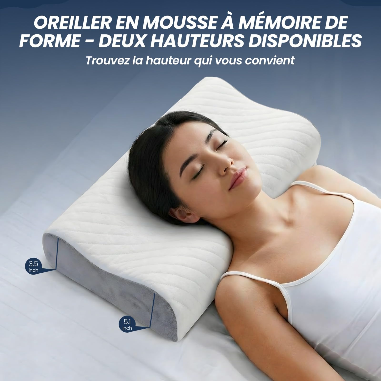 Oreiller Ergonomique Cervical à Mémoire de Forme, Coussin Orthopédique pour Nuque 60x35cm, Oreiller Anti Ronflement pour Dormeurs Dos Côté Ventre, Housse Amovible Lavable en Machine à 40°C