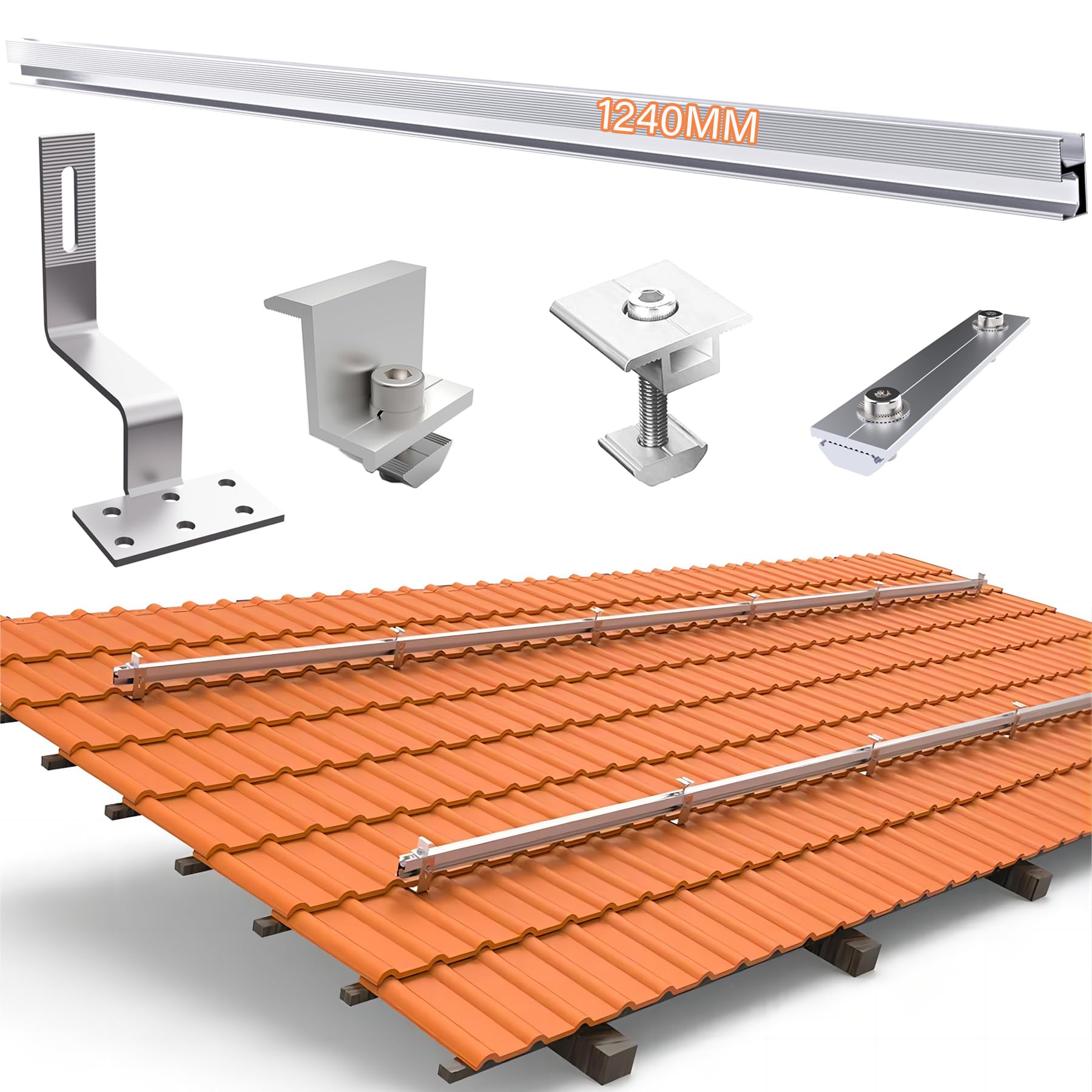 TEOV Kit de montage PV toit en tuiles avec rail de montage de 1240 mm et crochet de toit, support de panneau solaire avec pince d'extrémité et pince centrale de 40 mm, pour 3 panneaux solaires